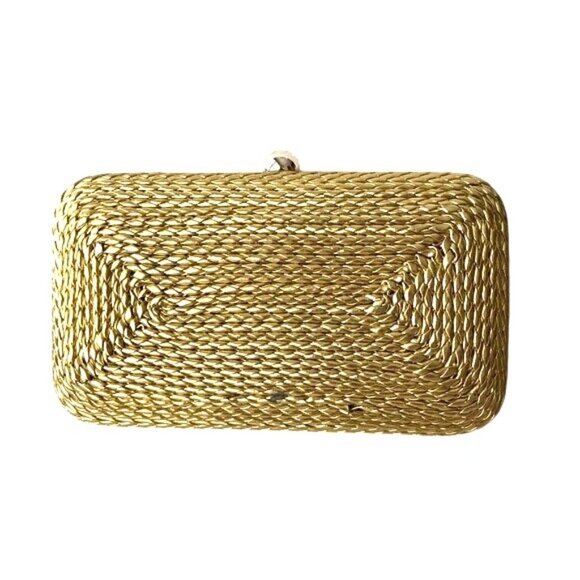 Gold Woven Bebe Clutch Purse With Chain Strap & Snap Closure - Elegant - Picture 3 of 7